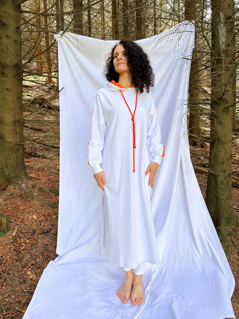Hooded dress with bhakti stripes
