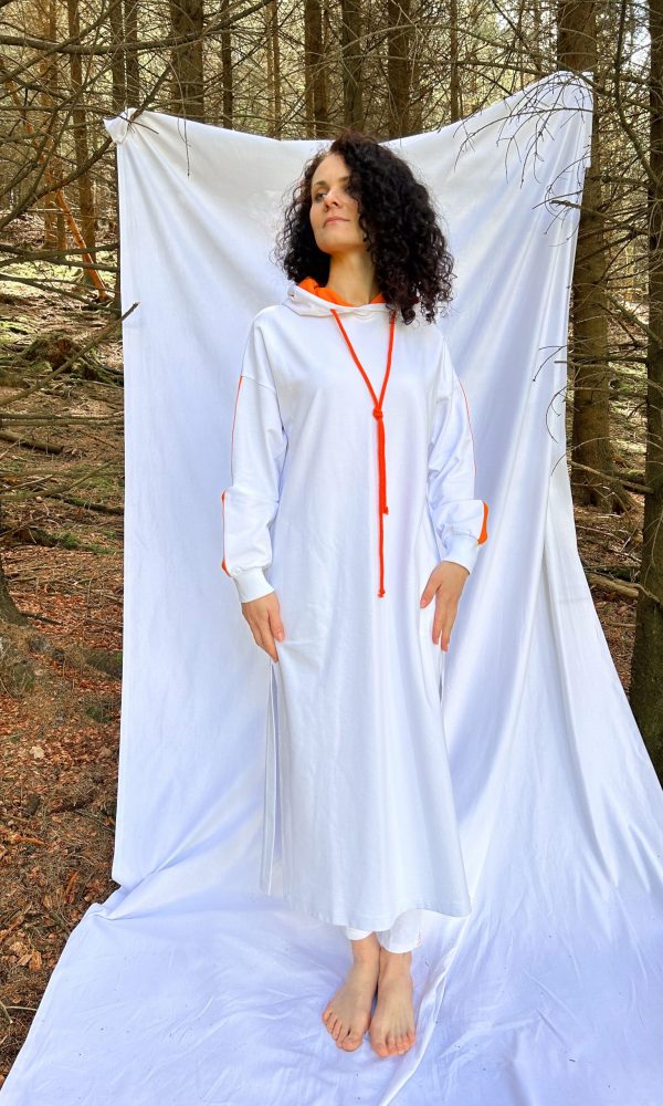 Hooded dress with bhakti stripes