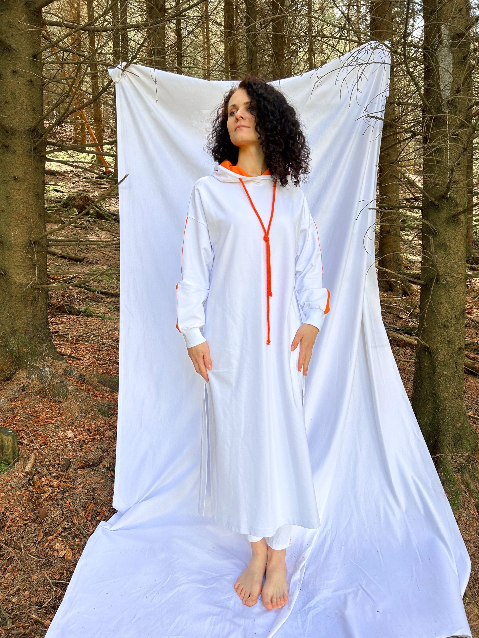 Hooded dress with bhakti stripes