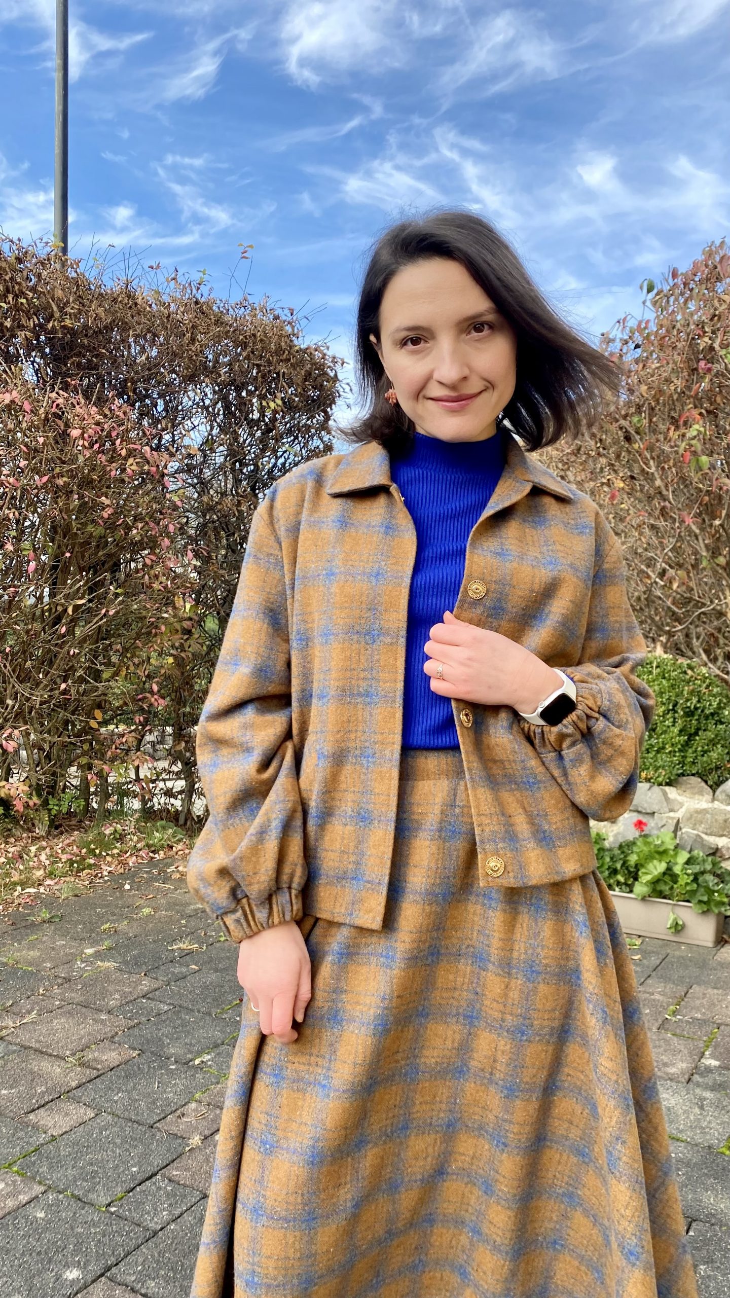 Jacket, skirt with check pattern and longsleeve